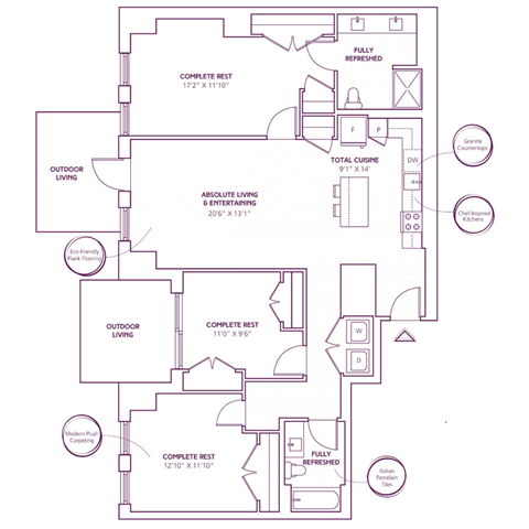Floor plan for 3 beds, 2 baths, 1367 sqft