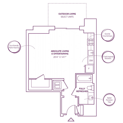 Floor plan for studio, 1 bath, 534 sqft
