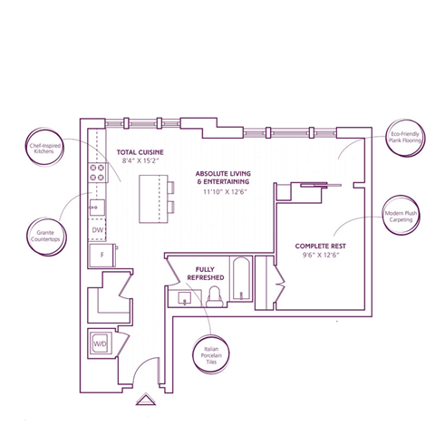 Floor plan for studio, 1 bath, 663 sqft