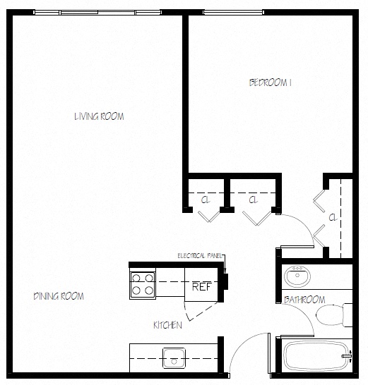 Floor plan for 1 bed, 1 bath, 600 sqft