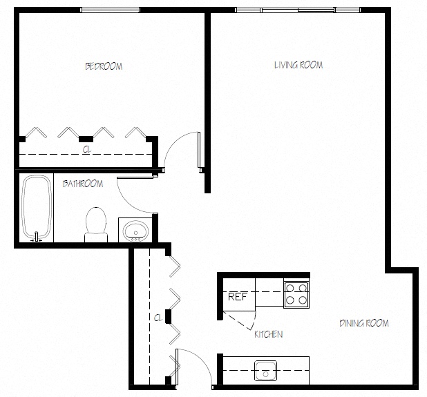 Floor plan for 1 bed, 1 bath, 600 sqft