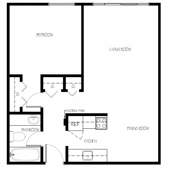 Floor plan for 1 bed, 1 bath, 570 sqft