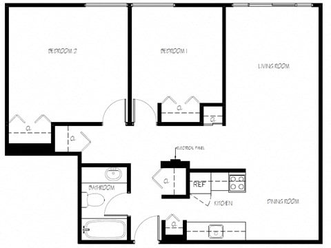 Floor plan for 2 beds, 1 bath, 820 sqft
