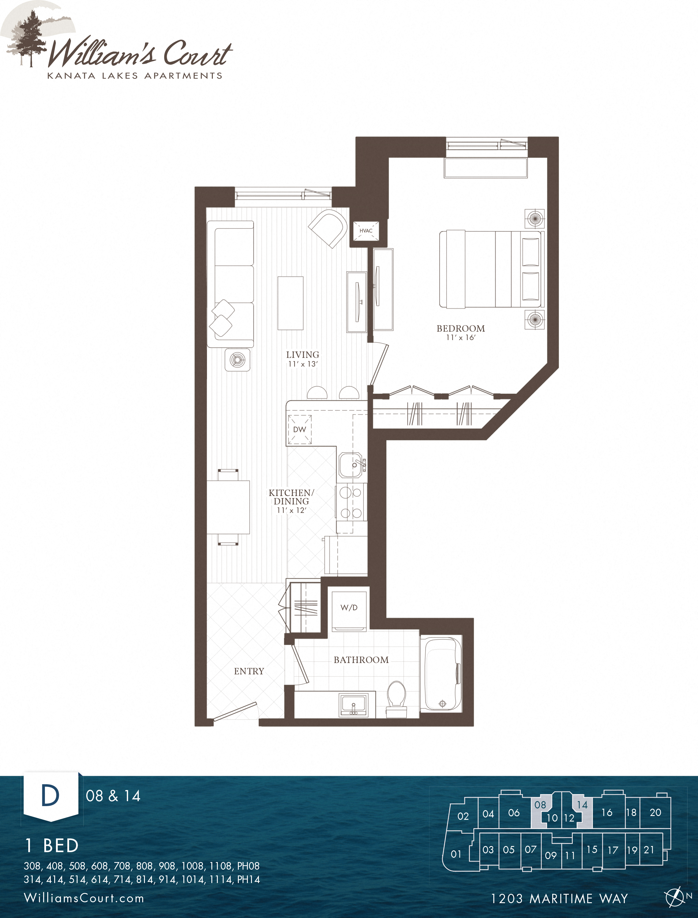 Floor plan for 1 bed, 1 bath, 1000 sqft