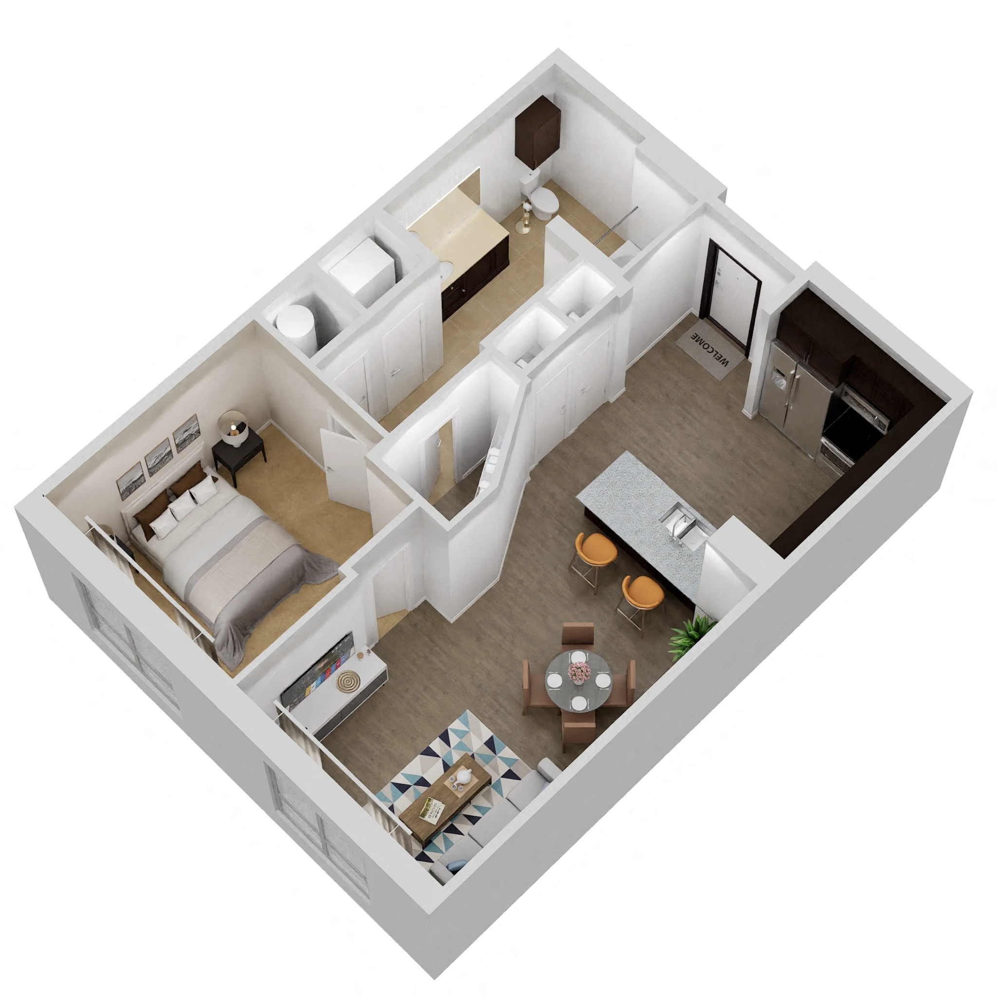 Floor plan for 1 bed, 1 bath, 725 sqft