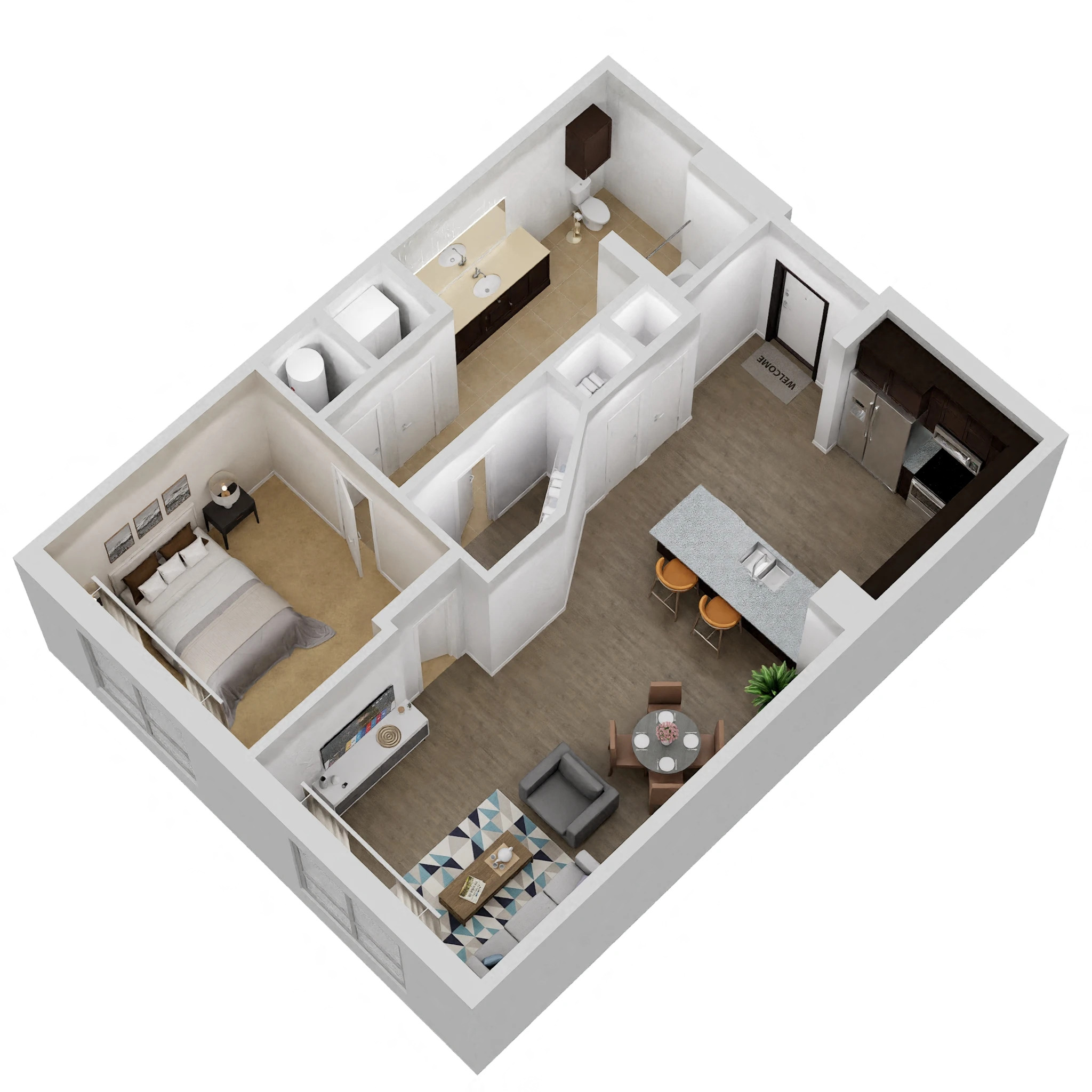 Floor plan for 1 bed, 1 bath, 803 sqft