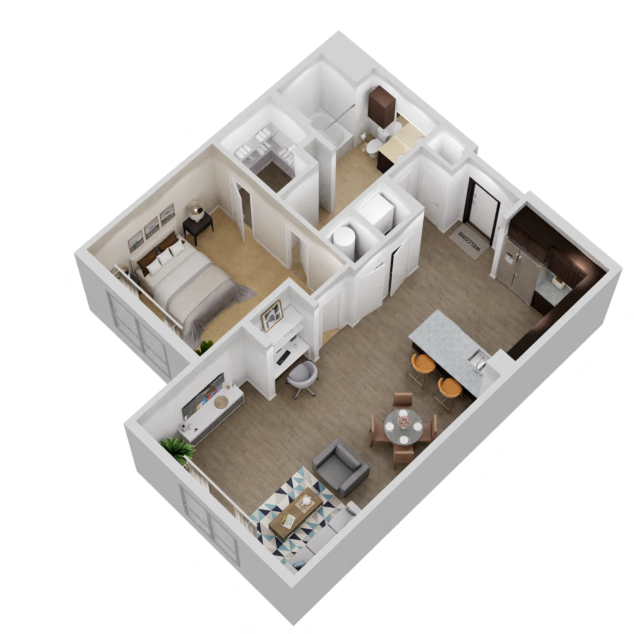 Floor plan for 1 bed, 1 bath, 754 sqft