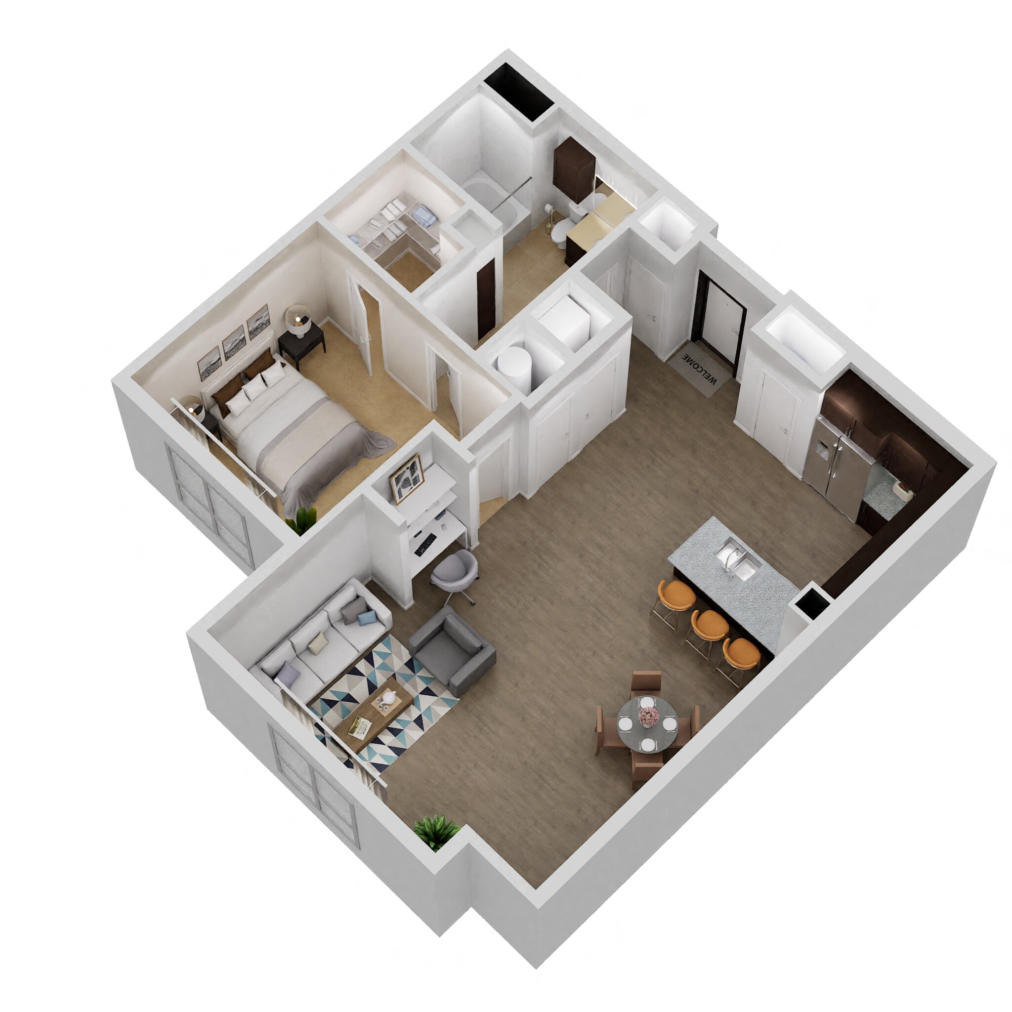 Floor plan for 1 bed, 1 bath, 1011 sqft