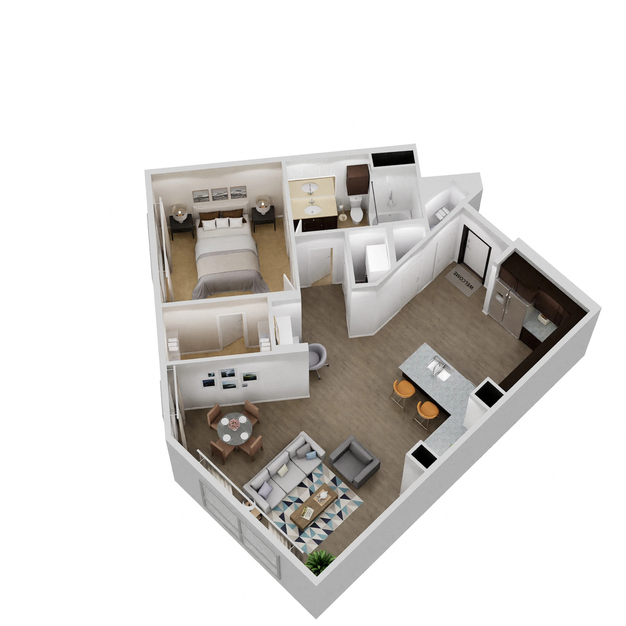 Floor plan for 1 bed, 1 bath, 902 sqft
