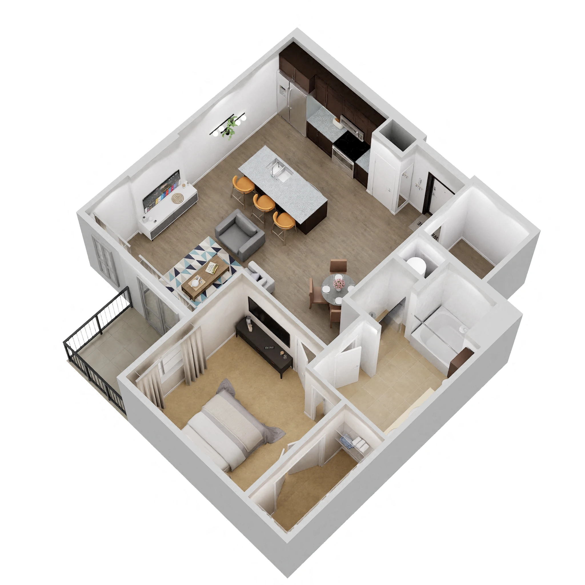 Floor plan for 1 bed, 1 bath, 932 sqft