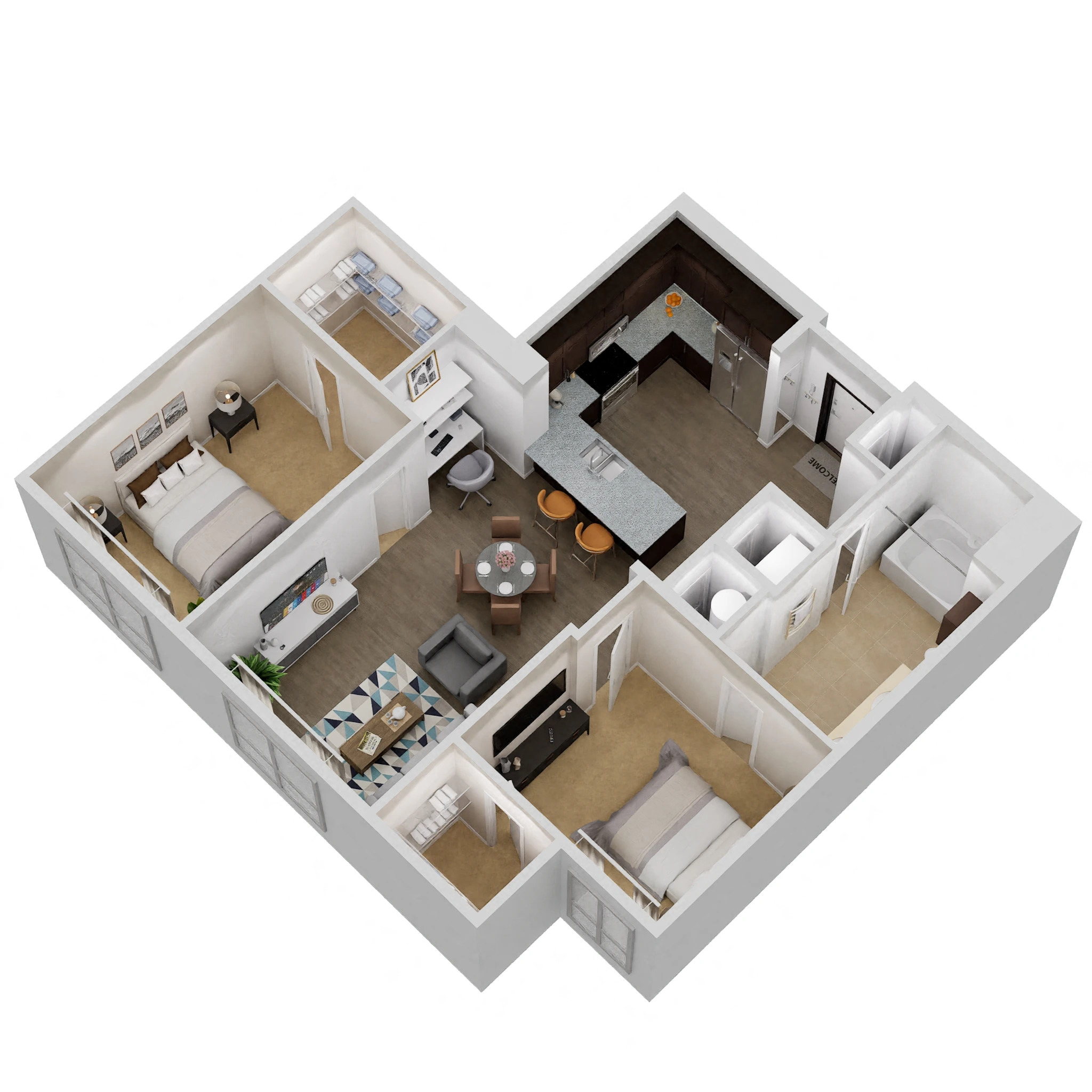 Floor plan for 1 bed, 1 bath, 955 sqft