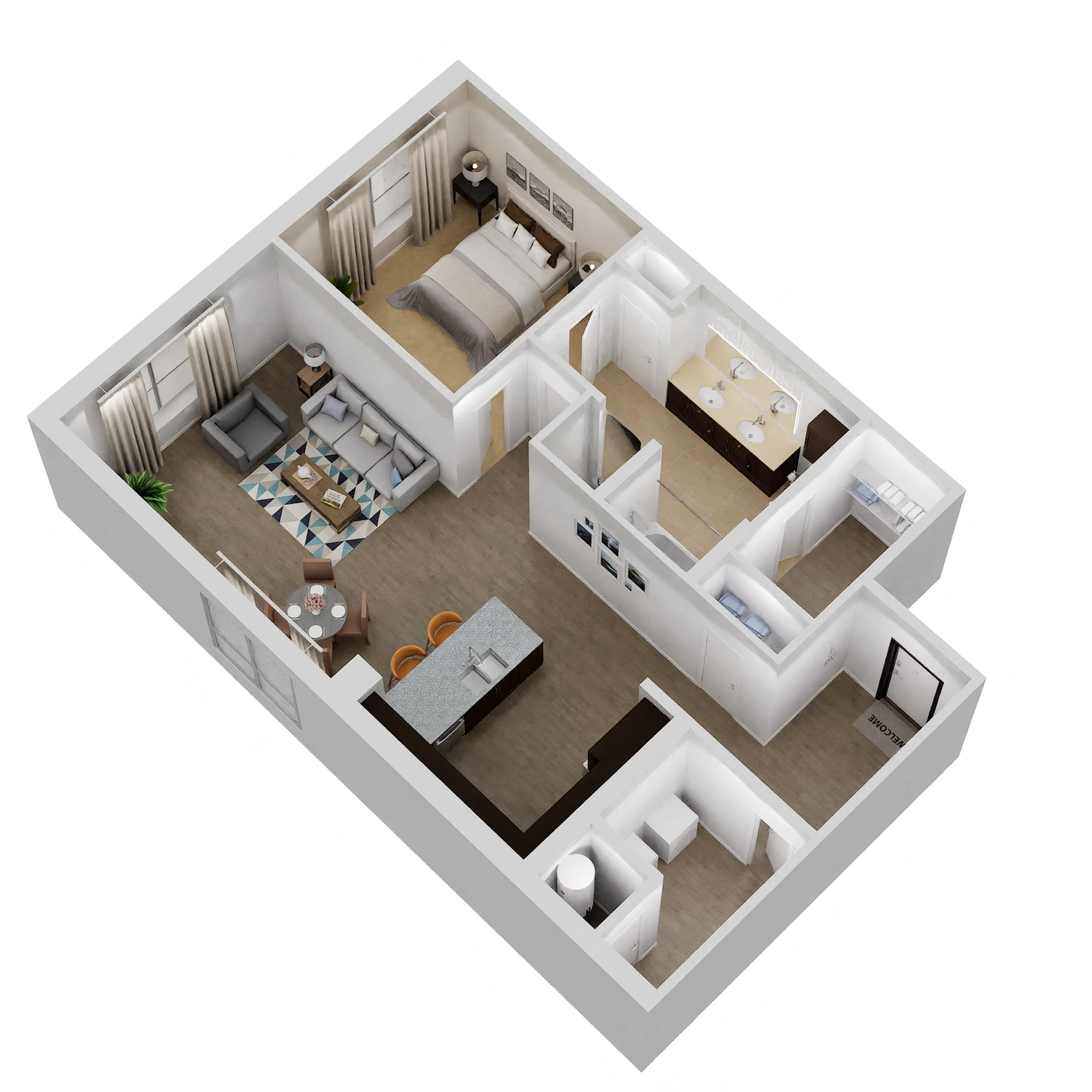 Floor plan for 1 bed, 1 bath, 961 sqft