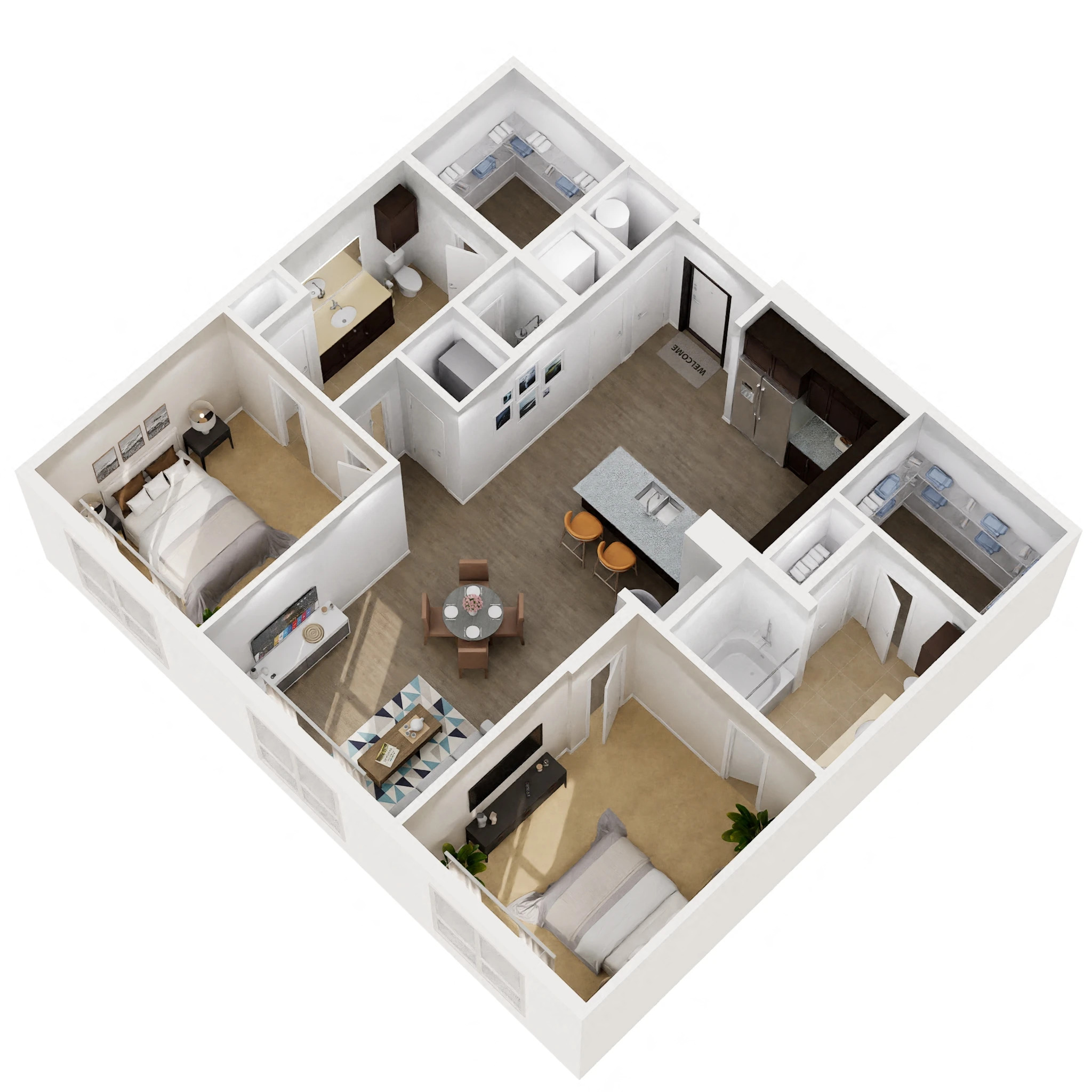 Floor plan for 2 beds, 2 baths, 1111 sqft