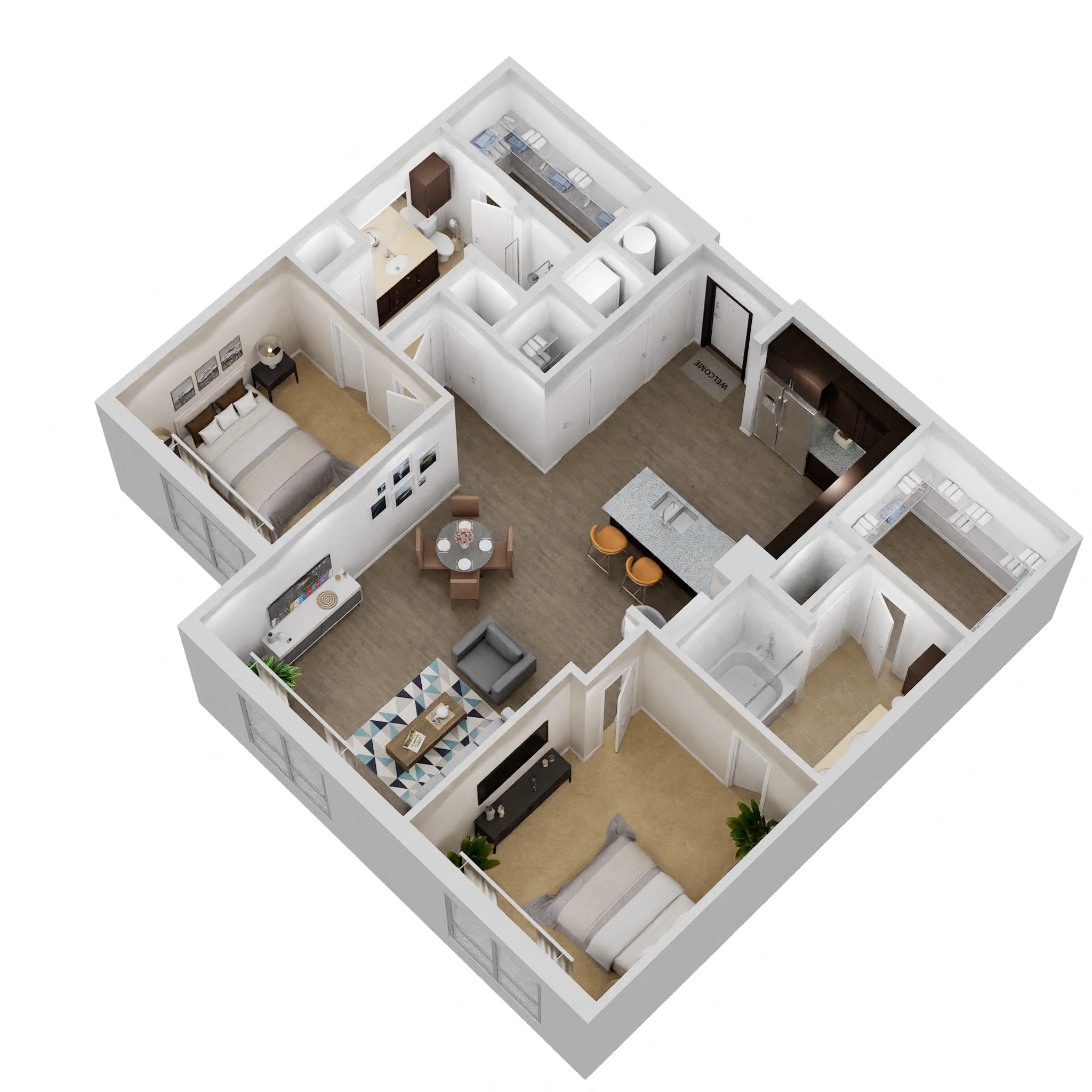 Floor plan for 2 beds, 2 baths, 1166 sqft