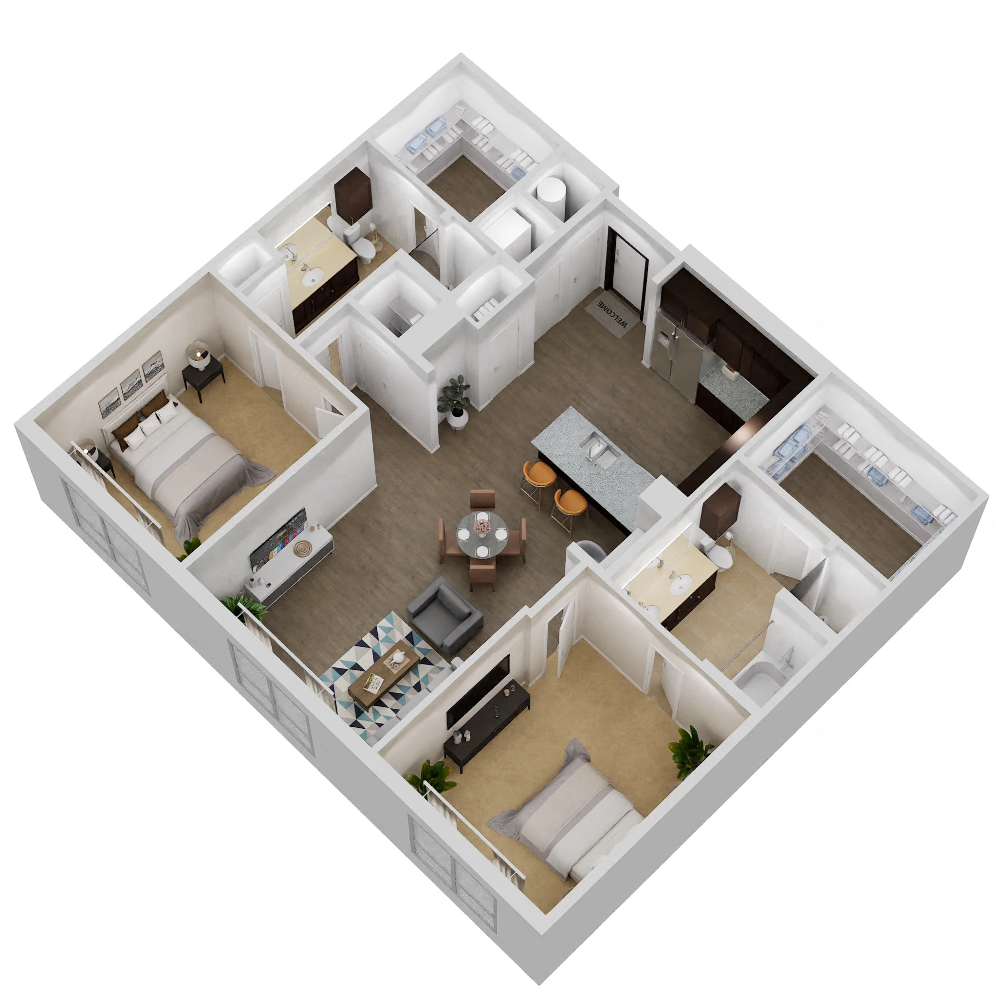 Floor plan for 2 beds, 2 baths, 1249 sqft