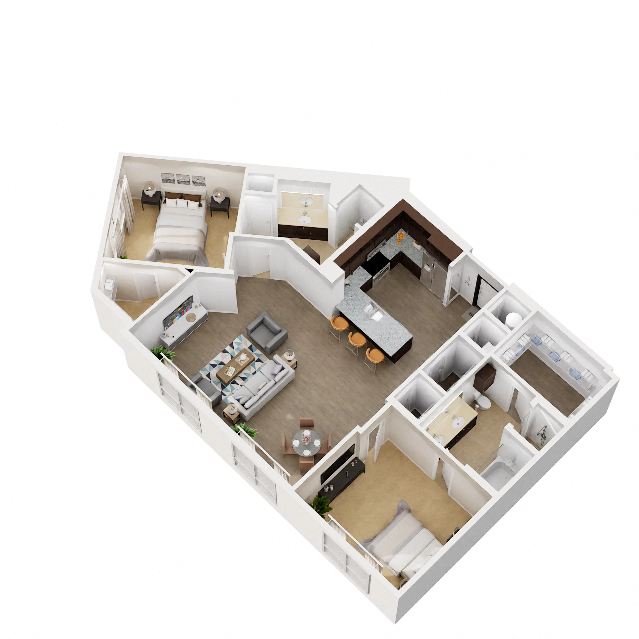 Floor plan for 2 beds, 2 baths, 1267 sqft