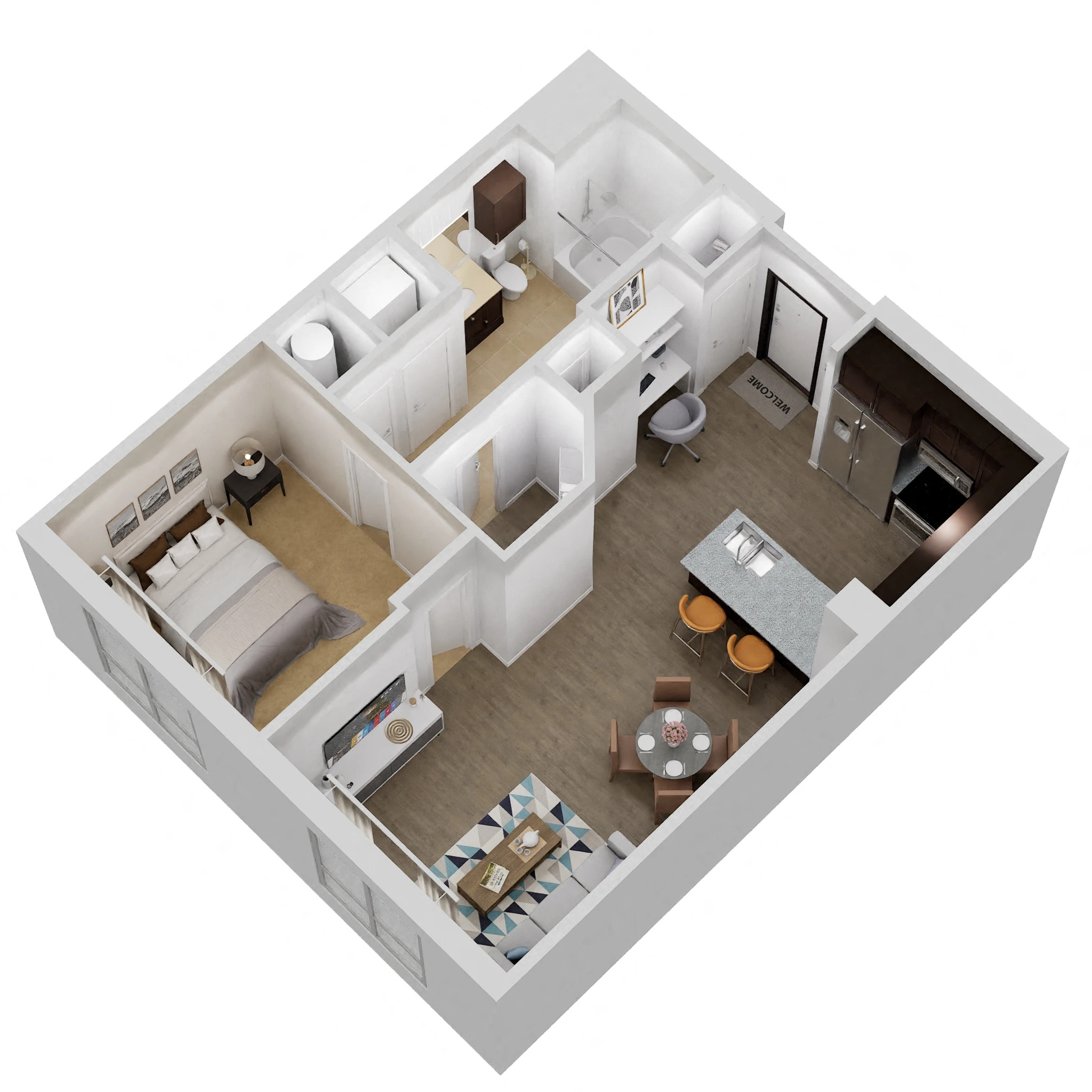 Floor plan for 1 bed, 1 bath, 805 sqft