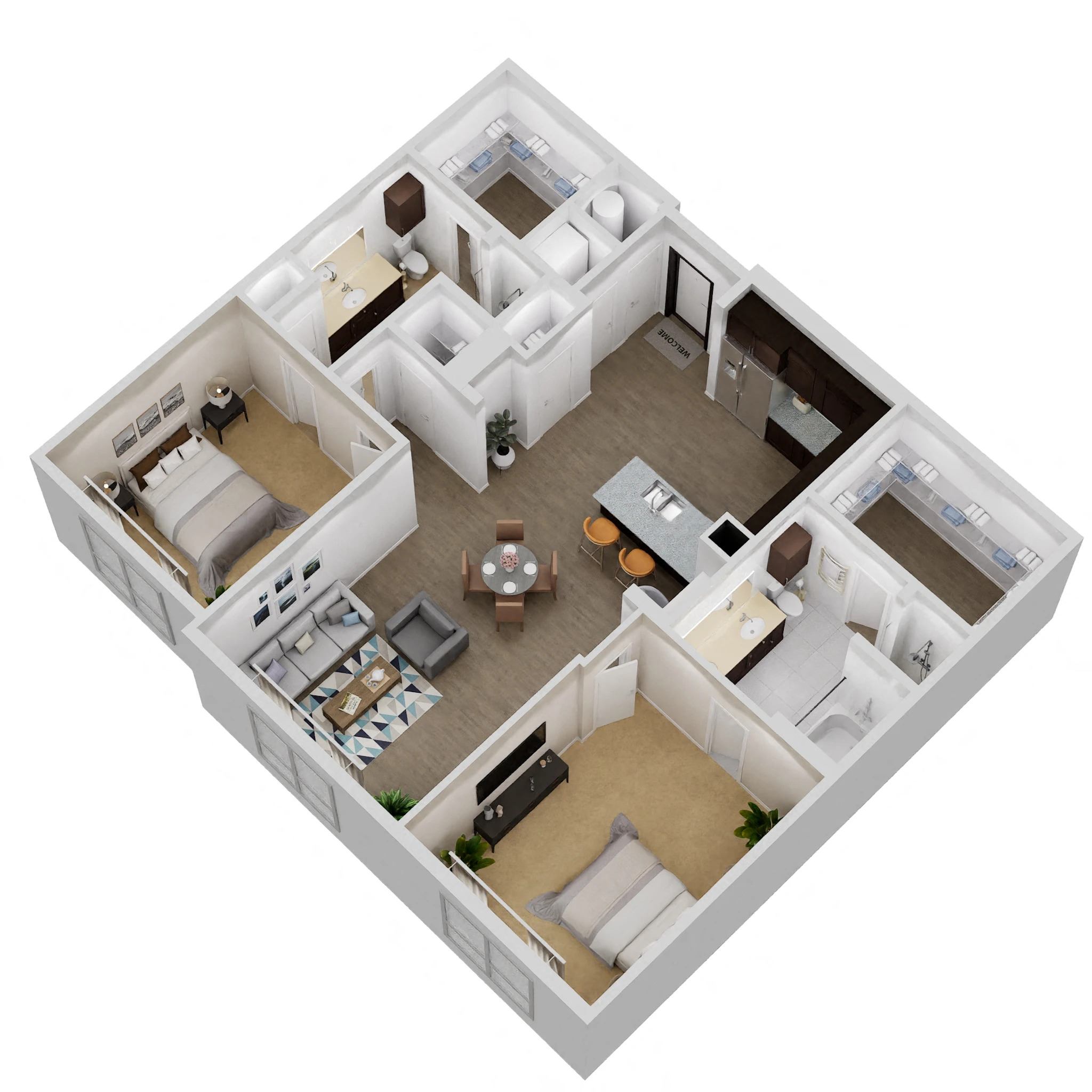 Floor plan for 2 beds, 2 baths, 1275 sqft