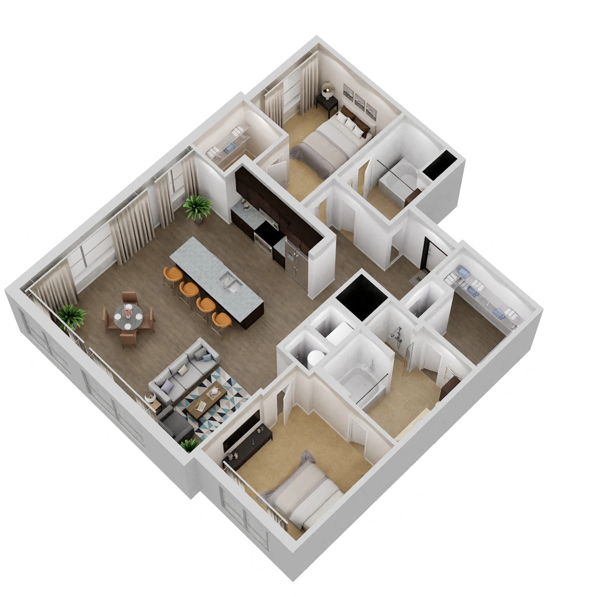 Floor plan for 2 beds, 2 baths, 1235 sqft