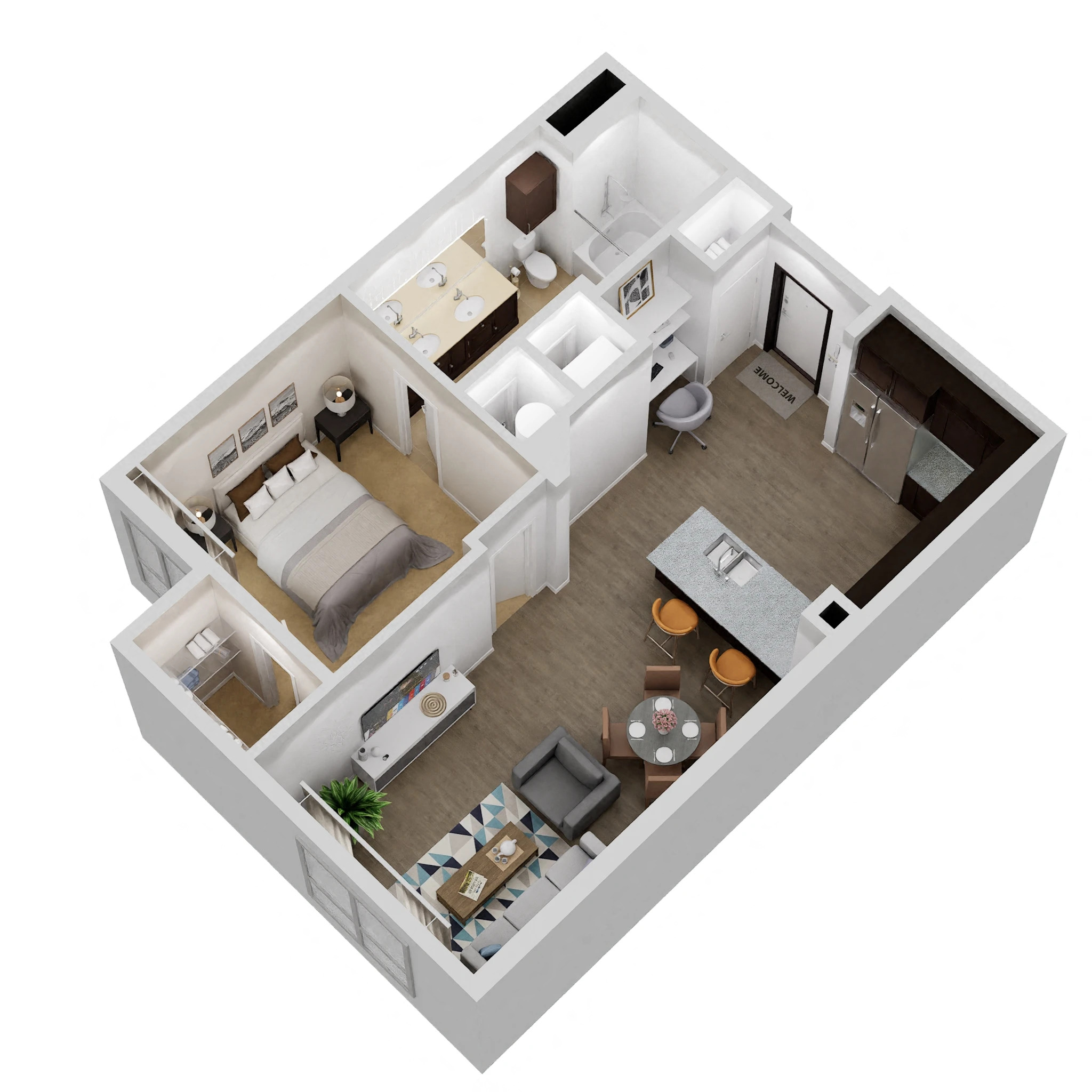 Floor plan for 1 bed, 1 bath, 738 sqft