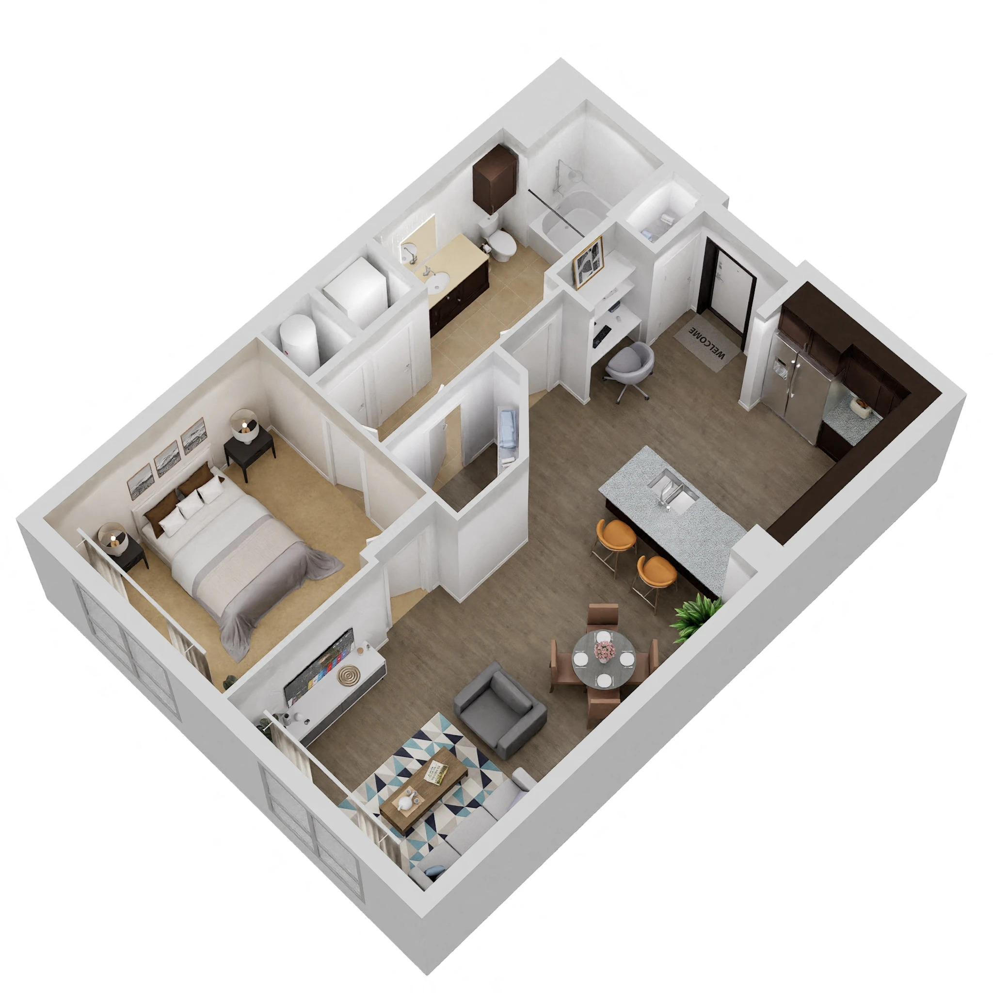 Floor plan for 1 bed, 1 bath, 803 sqft