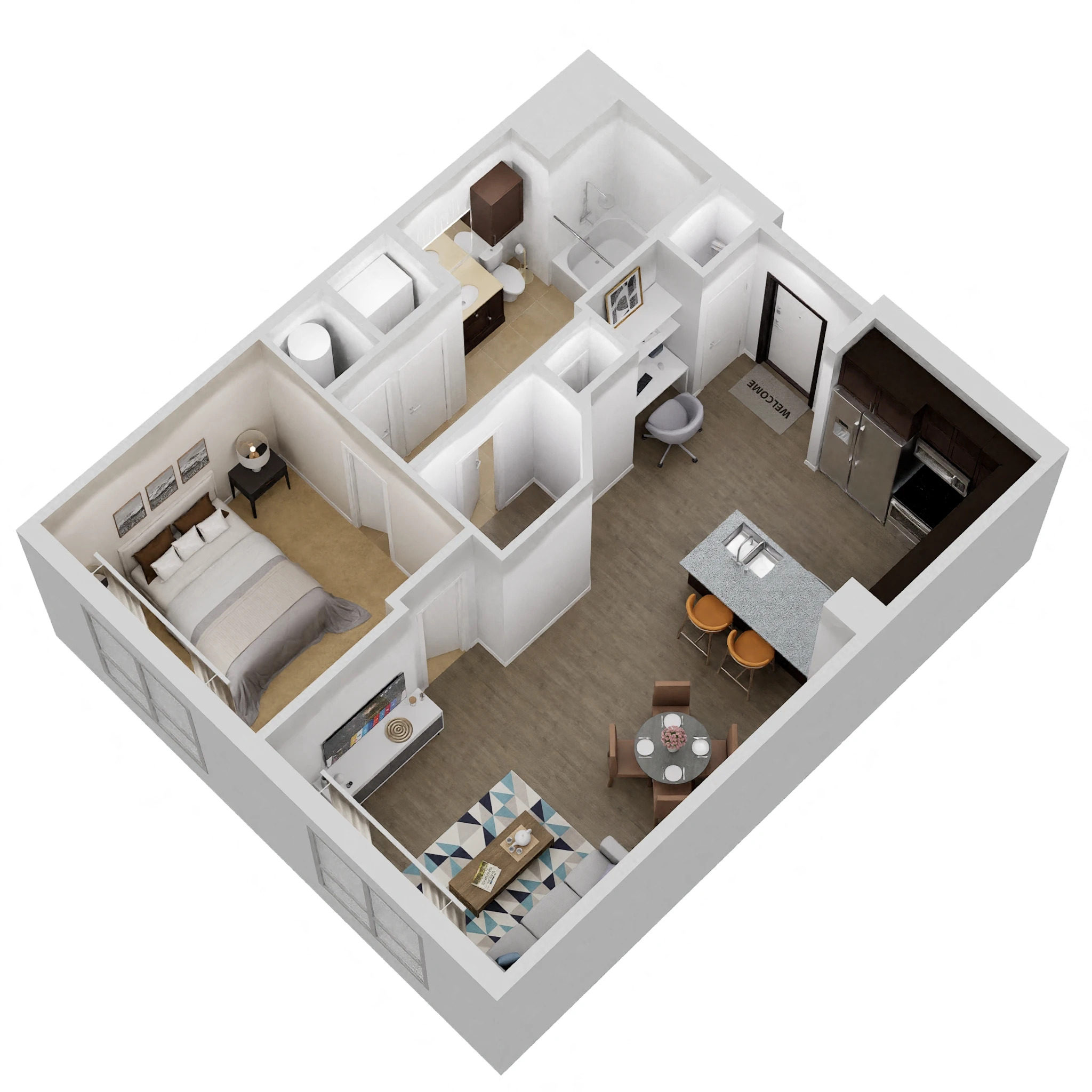 Floor plan for 1 bed, 1 bath, 725 sqft