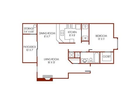 Floor plan for 1 bed, 1 bath, 828 sqft