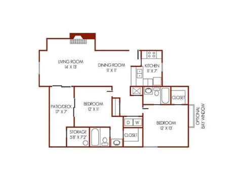 Floor plan for 2 beds, 2 baths, 1066 sqft