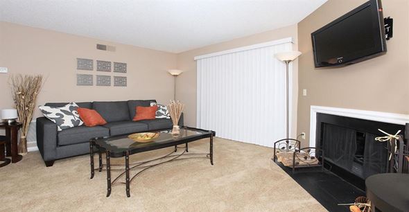 Winston-Salem apartment for rent - A living room with a black couch and a glass coffee table.