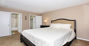 Winston-Salem apartment for rent - A bedroom with a large bed and a nightstand with a lamp.