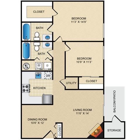 Floor plan for 2 beds, 2 baths, 1010 sqft
