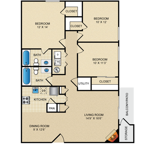 Floor plan for 3 beds, 2 baths, 1256 sqft