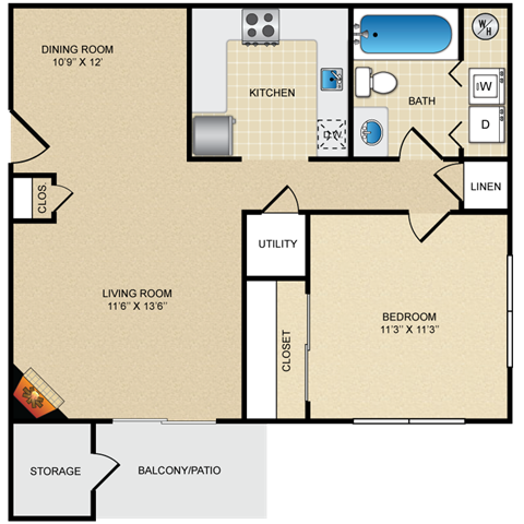Floor plan for 1 bed, 1 bath, 747 sqft