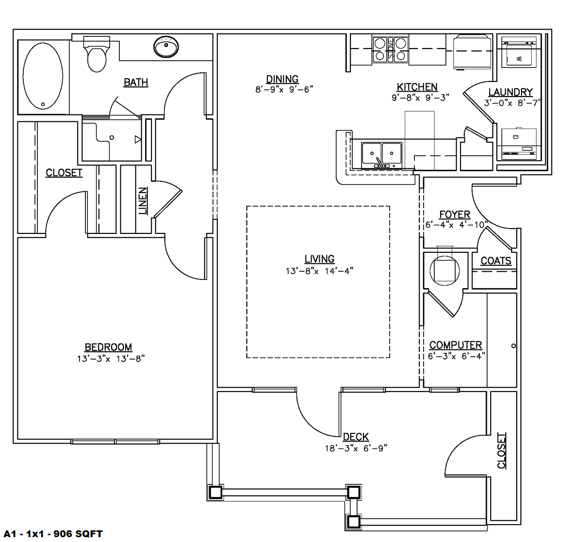 Floor plan for 1 bed, 1 bath, 906 sqft