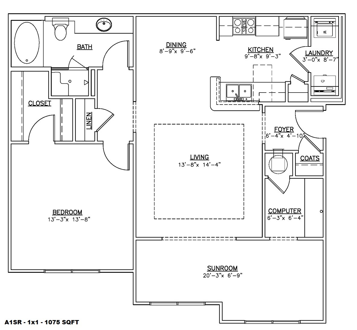 Floor plan for 1 bed, 1 bath, 1075 sqft