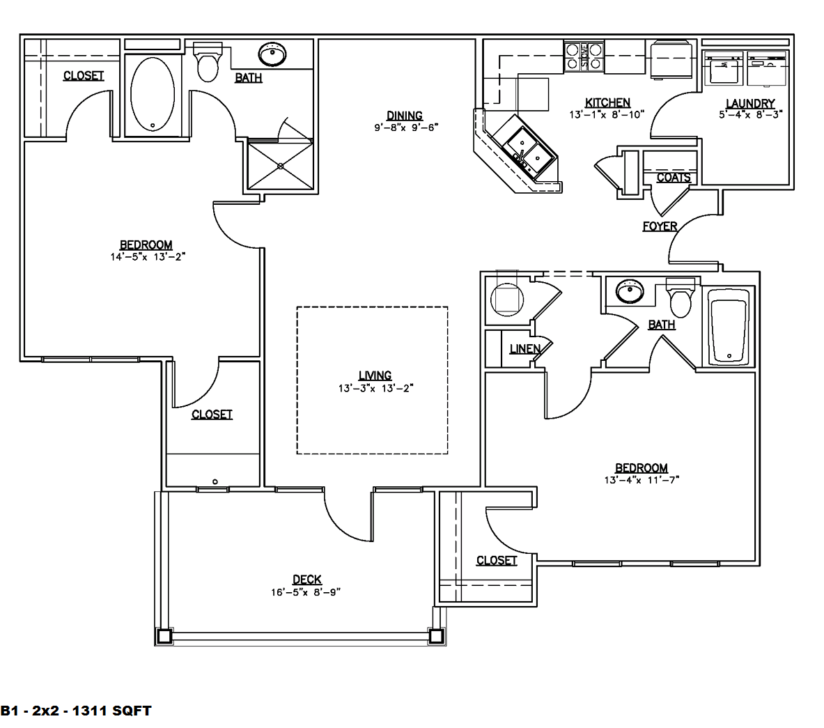 Floor plan for 2 beds, 2 baths, 1311 sqft