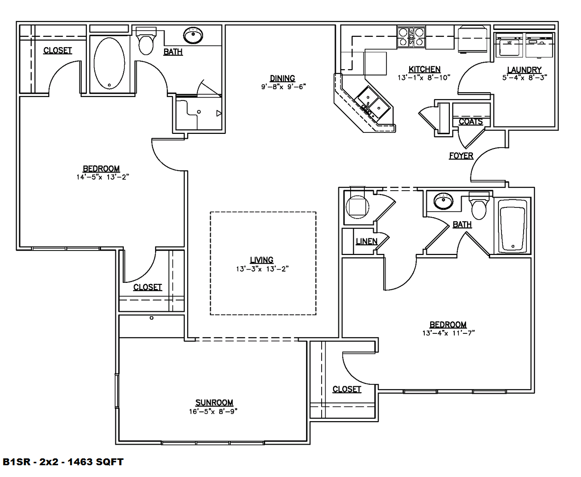 Floor plan for 2 beds, 2 baths, 1463 sqft
