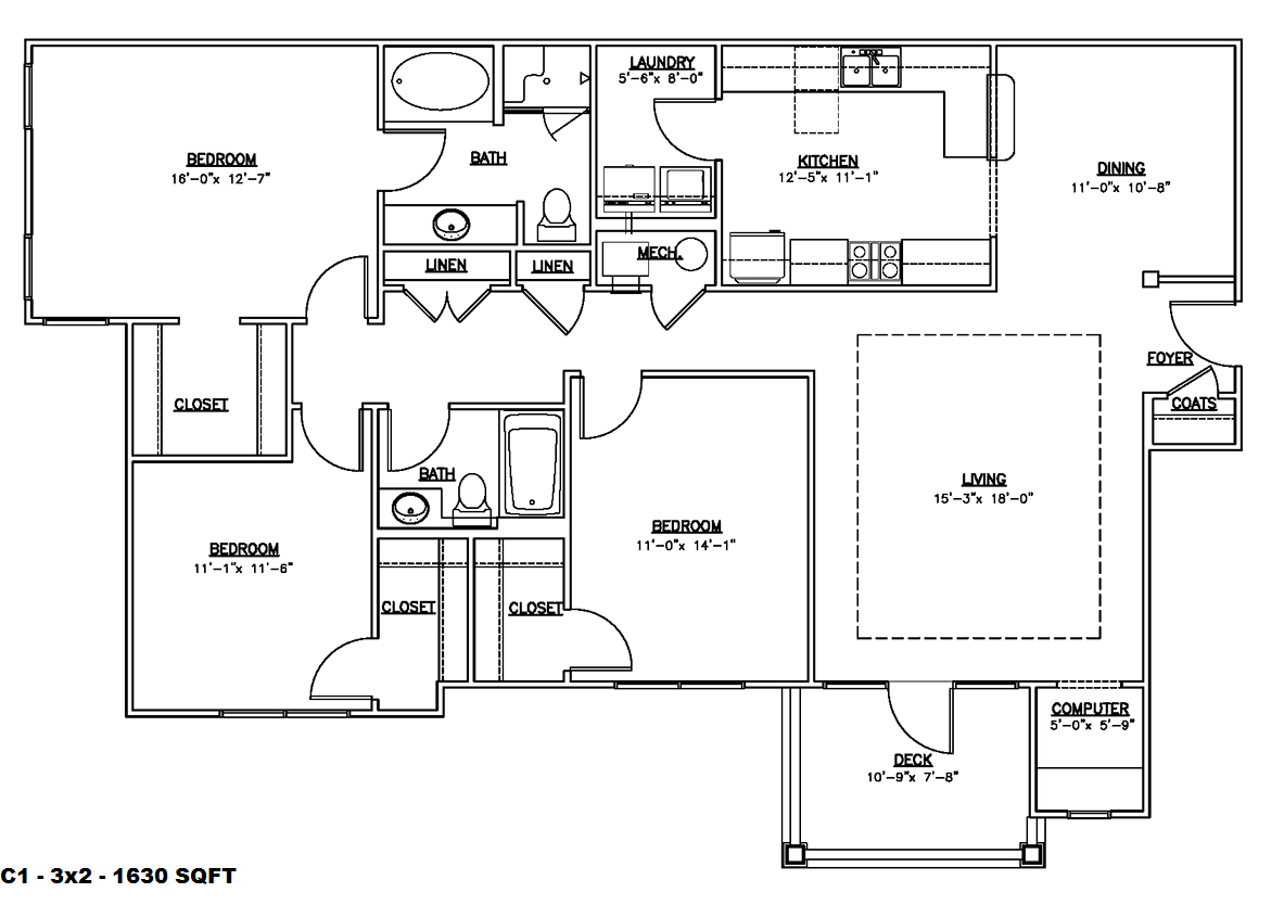 Floor plan for 3 beds, 2 baths, 1630 sqft