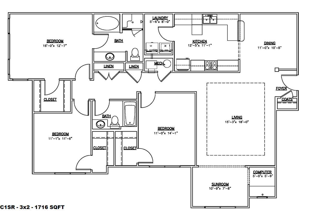 Floor plan for 3 beds, 2 baths, 1716 sqft