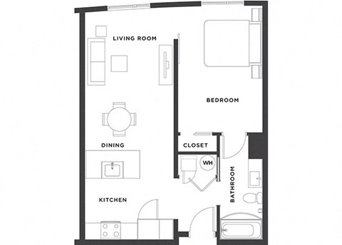 Floor plan for 1 bed, 1 bath, 635 sqft
