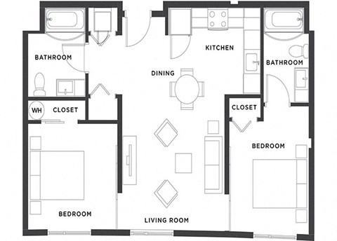 Floor plan for 2 beds, 2 baths, 945 sqft