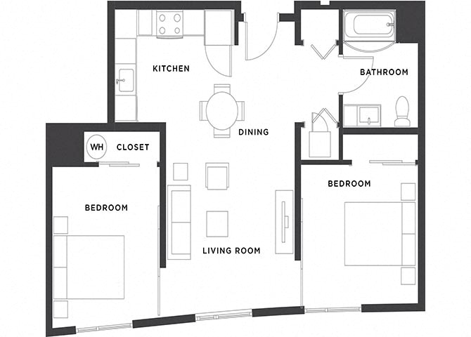 Floor plan for 2 beds, 1 bath, 805 sqft