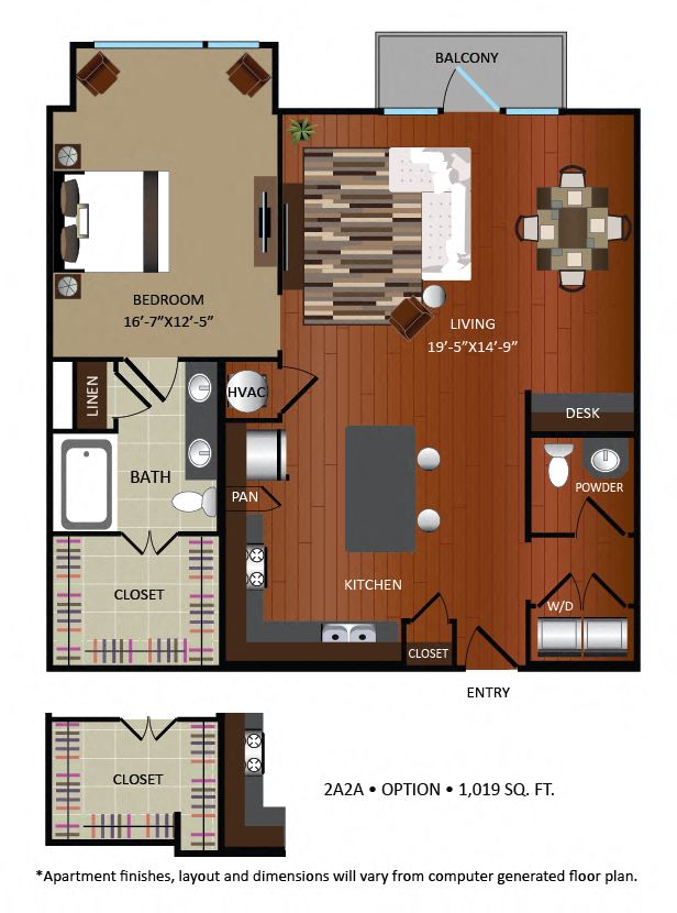 Floor plan for 1 bed, 1 bath, 1023 sqft
