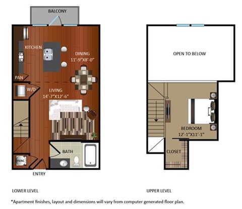 Floor plan for 1 bed, 1 bath, 949 sqft