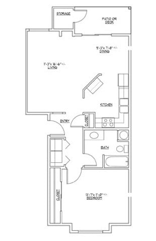Floor plan for 1 bed, 1 bath, 708 sqft