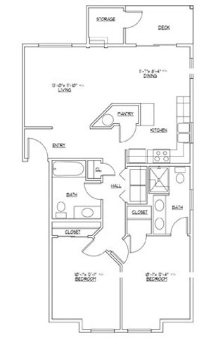 Floor plan for 2 beds, 2 baths, 960 sqft