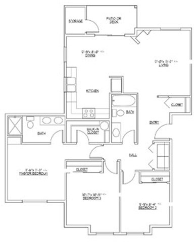 Floor plan for 3 beds, 2 baths, 1084 sqft