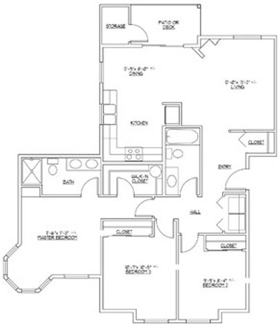 Floor plan for 3 beds, 2 baths, 1084 sqft