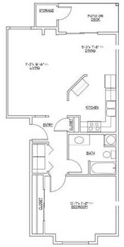 Floor plan for 1 bed, 1 bath, 708 sqft