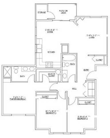 Floor plan for 3 beds, 2 baths, 1084 sqft
